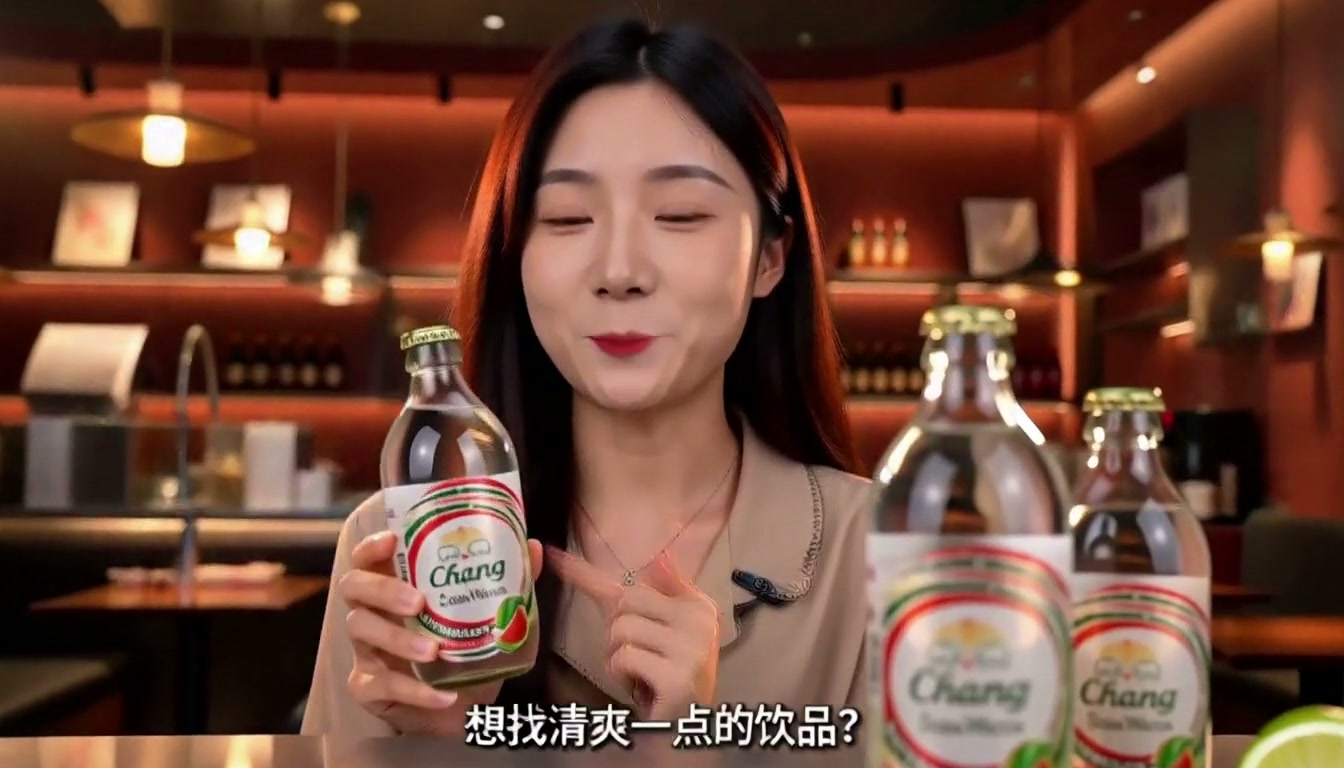 玻璃瓶气泡水口播成片分镜帧：开场镜头
