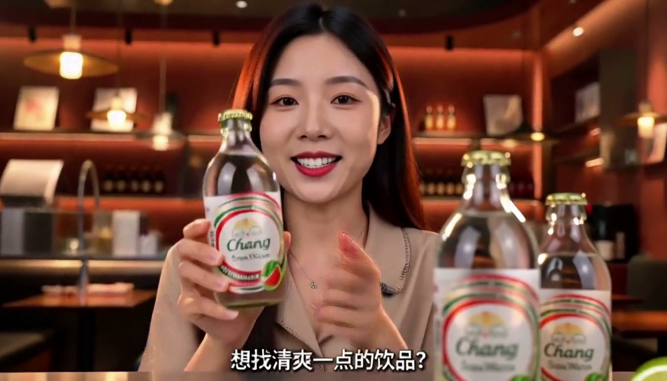 玻璃瓶气泡水口播成片分镜帧：开场钩子镜头
