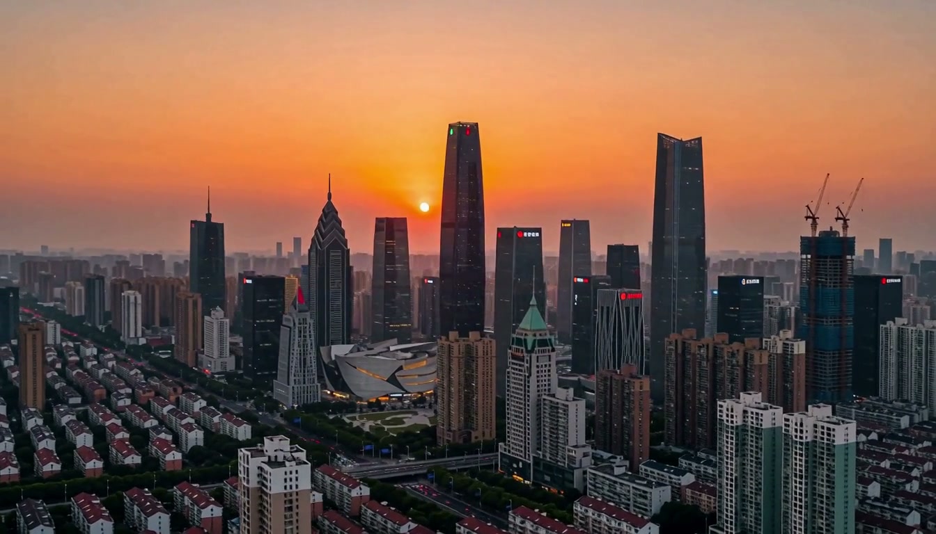 黄昏城市天际线与暖橙色余晖的横版画面